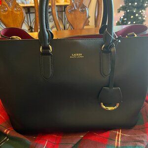 NWT Lauren Ralph Lauren Dryden Marcy Satchel Black Leather Structured Tote Bag